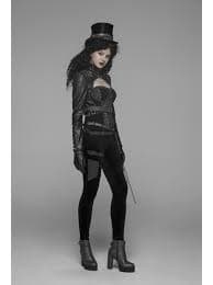 High Collar Front Zipper Long Sleeve Metal Buckle Leather Belt Back Lace-Up Black Glossy Crack Punk Short Jacket - Magic Wardrobes