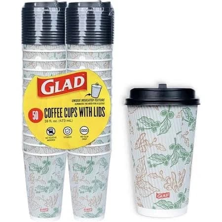 Glad Everyday Disposable Coffee Cups with Lids in Botanical Floral Print - Insulated Paper Cup for Hot Chocolate, Hot Cocoa, or Tea - No Sleeve Needed