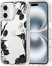Case for iPhone 16, [Buffertech 6.6ft Military-Grade Drop Protection] [Anti Peel Off Tech] Clear TPU Bumper Phone Case Cover Design - Black White Tulips