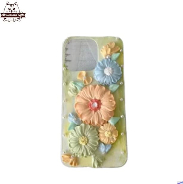 Finished Handmade Decoden Phone Case | Daisy Flowers Petals Orange Blue Green Pearls | Samsung | Android | Apple iPhone | Tablet