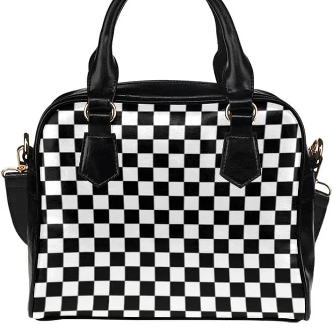 Cute Checkered Vegan Faux PU Leather Handbag with Shoulder Strap