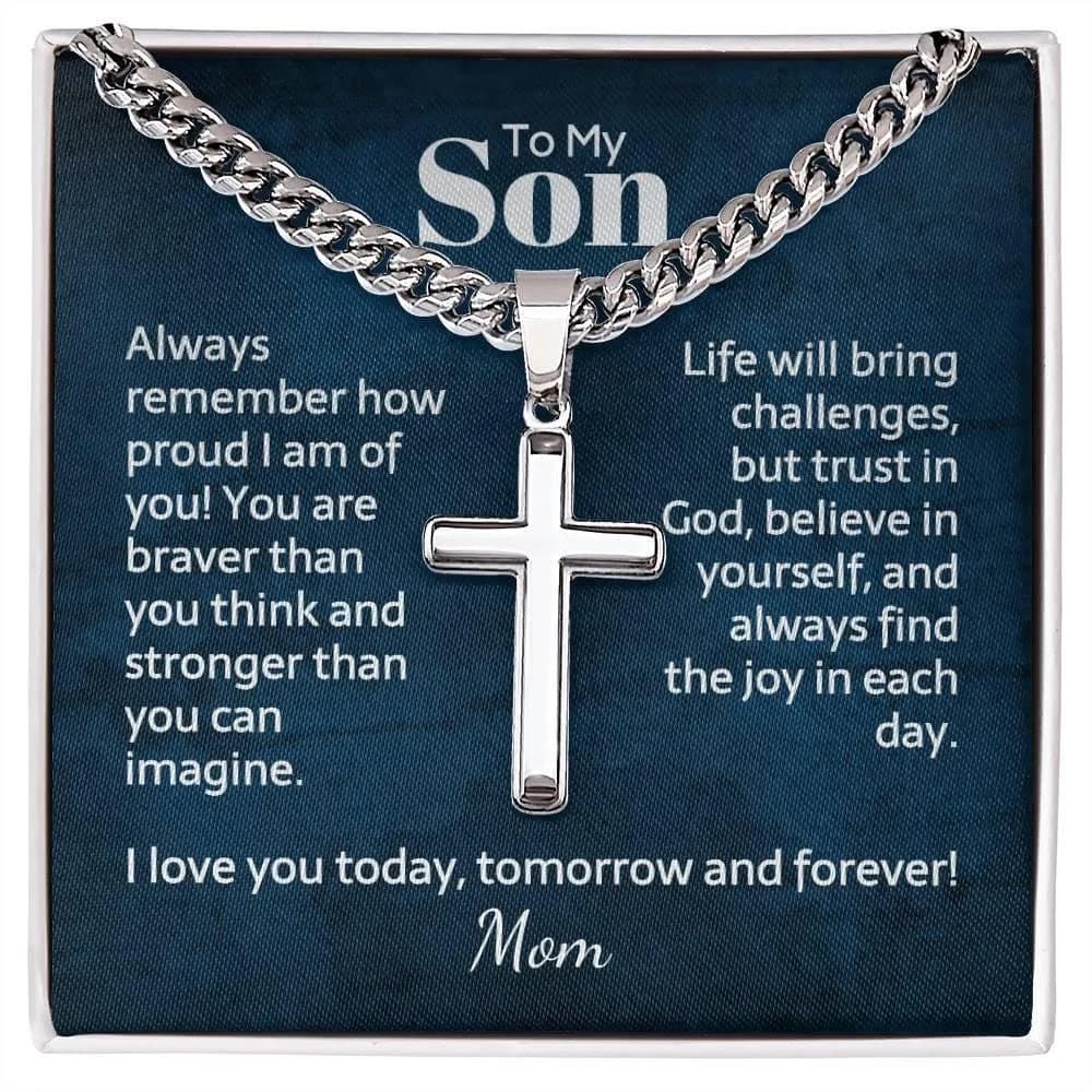 Engraved Cross Cuban Link Chain for Men Son Christian Necklace