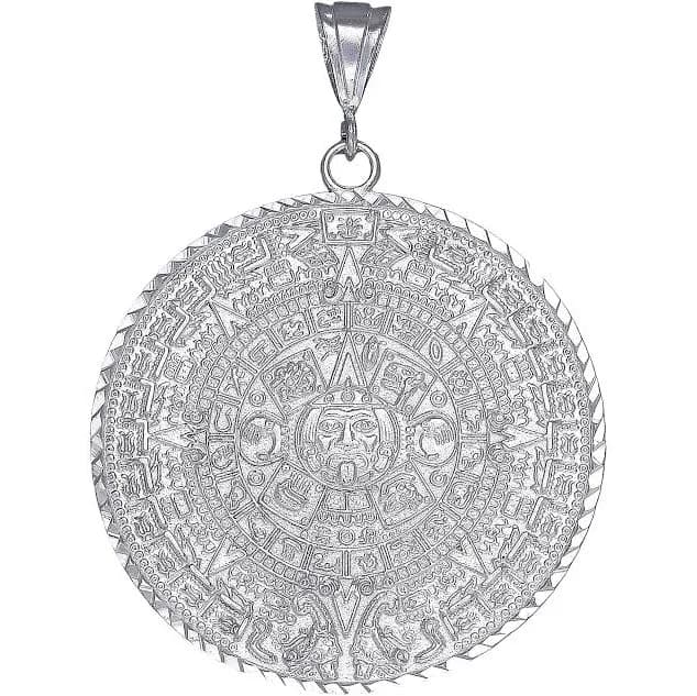 2.8 Inches Aztec Mayan Sun Calendar Charm Pendant Necklace in Sterling Silver