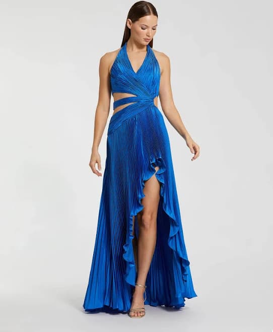 Ieena for Mac Duggal Halter Neck Pleated Charmeuse Gown
