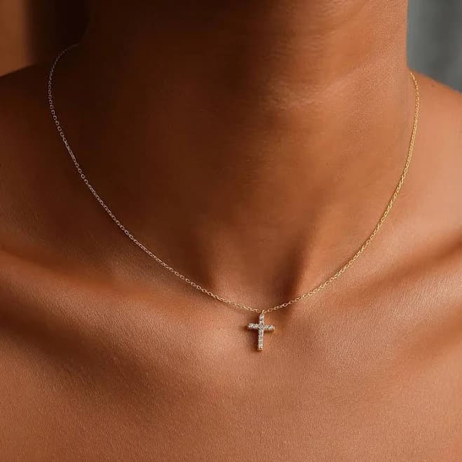 14K Gold Pave Crystal Cross Necklace