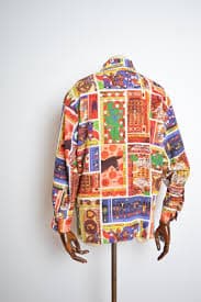 Moschino Concorso Italian 1990s Loud Colourful Postcard Ticket print shirt For Sale at 1stDibs