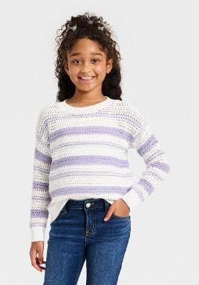 Cat & Jack Girls' Openwork Striped Sweater