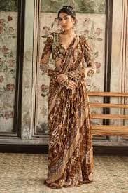Buy Brown Crepe, Georgette Sequins, Caramel Pre-draped Sharara Saree With Blouse For Women by Diyarajvvir Online at Aza Fashions in US