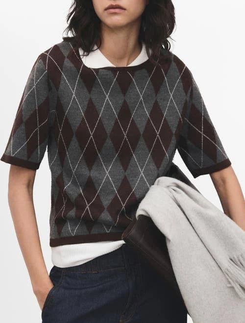 MANGO Women's Rombus Argyle Plaid Short-Sleeve Sweater