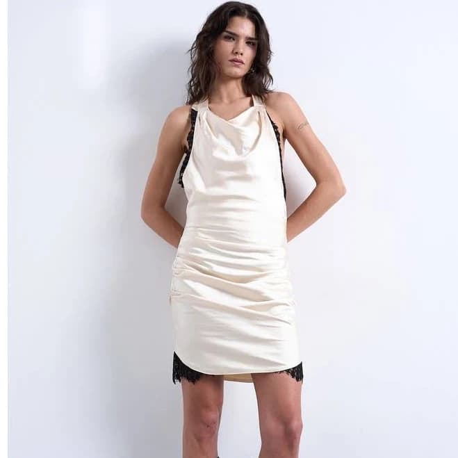 Topshop Halter Cowl Neck Satin Mini Dress with Lace Trim