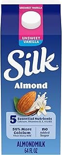 Silk Almond Milk, Unsweet Vanilla, Dairy Free, Gluten Free, Seriously Creamy Vegan Milk with 50% More Calcium than Dairy Milk, 64 FL OZ Half Gallon