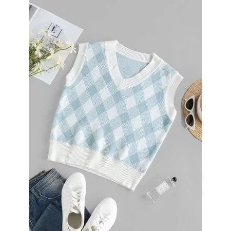 Zaful Women's Argyle Ribbed V Neck Vest Sweater