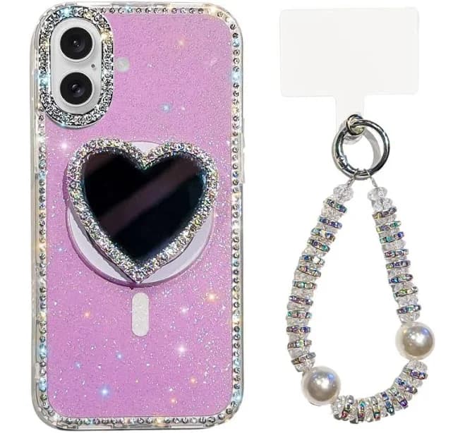 iPhone 17 Sparkling IMD Heart-Shaped Mirror Magnetic Phone Case with Bracelet