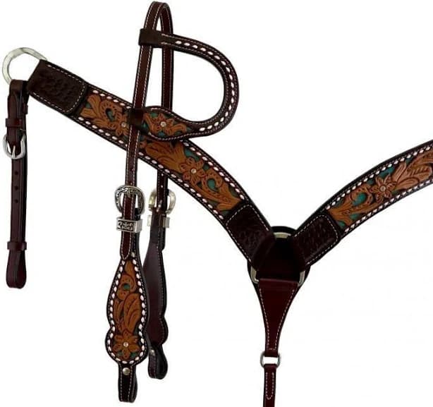 Western Horse One Ear Dark Leather Bridle Headstall + Breast Collar