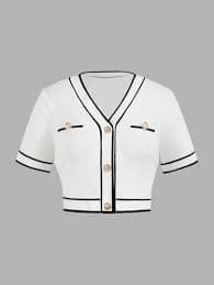 Firerie Plus Size Elegant Commute Vintage College Date Color Blocking Trim V-Neck Short Sleeve Metal Button Front Fitted Cropped Knit Top, Summer | SHEIN USA
