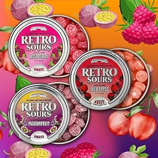 Retro Sours – Hard Tangy Candy – Vintage Sour Candy Gift Set – 60g Each Tin – Classic Fruity Sour Candy 3-Tin Combo Pack (Raspberry, Apple & Passionfruit)
