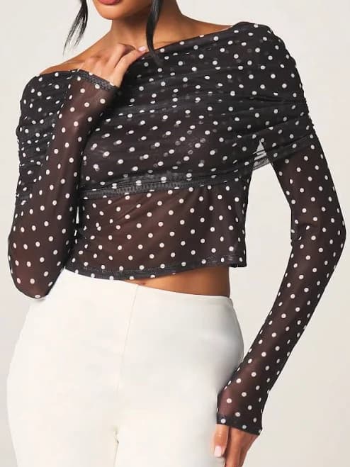 Missguided Off Shoulder Mesh Polka Dot Crop Top