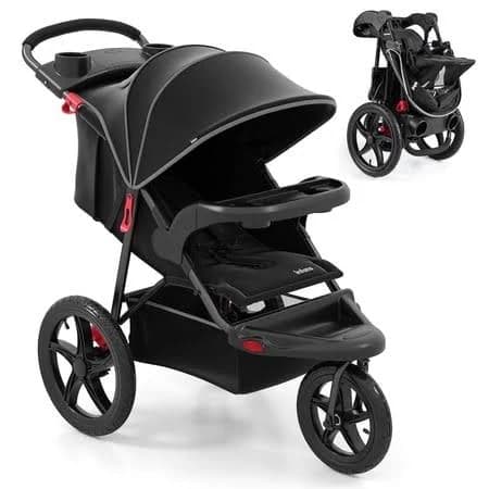 Infans Jogging Stroller, Jogger Travel System with Shock Absorbing Suspension Dining Plate Cup Holder Adjustable Backrest, Lightweight Baby Strollers