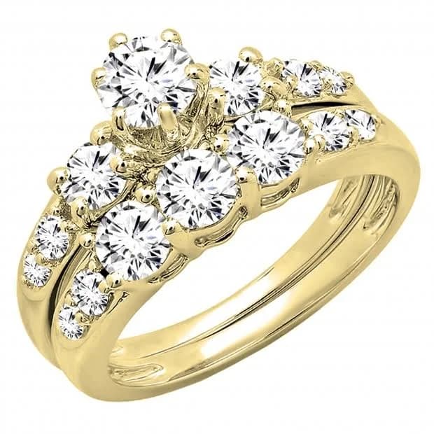 18K Yellow Gold 3.00 Carat Round White Cubic Zirconia Bridal Engagement Ring Set