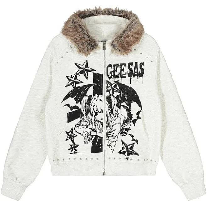 Geesas Anime Graphic Bomber Jacket - Black & White Fleece Blend, Fur-Trimmed Hood, Studded Detailing, Premium Zip-Up Style, Menswear Fashion