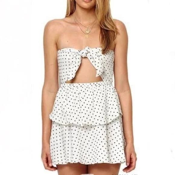 Bec + Bridge Black And White Polka Dot Tie Front Strapless Mini