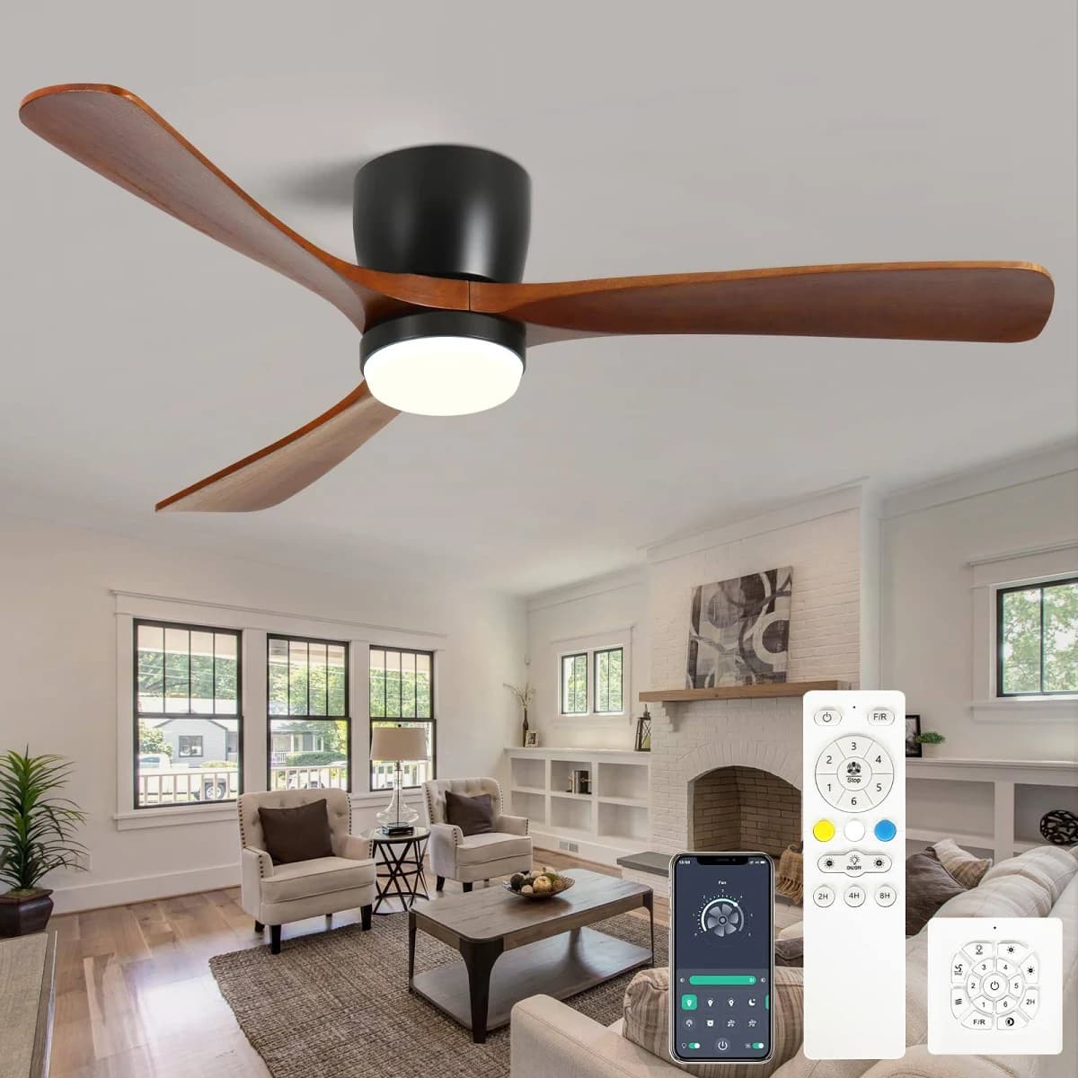 Duclsaty Traditional / Classic Fan 42-in Brown/Black with Stained Wood Finish Blades LED Flush Mount Ceiling Fan with Light and Remote Control