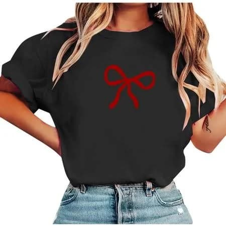 Women's Loose Crew Neck Short Sleeve Bow Print T-Shirt