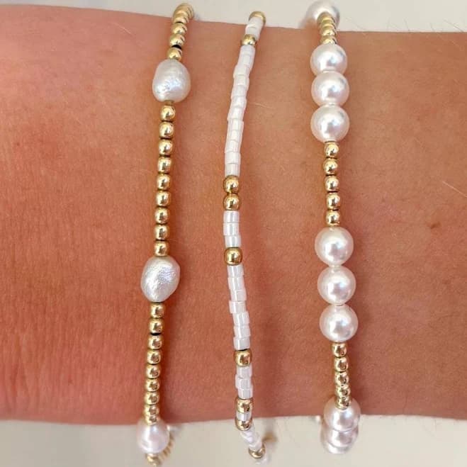 14K Gold Filled Gold Pearl Beaded Dainty Stackable Bracelet