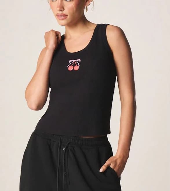 Missguided Cherry Embroidered Ribbed Tank Top
