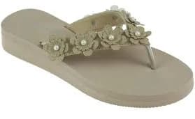 Ladies Taupe Faux Suede Floral Wedge Flip Flop