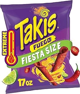 Fuego 17 oz Fiesta Size Bag, Hot Chili Pepper & Lime Flavored Extreme Spicy Rolled Tortilla Chips
