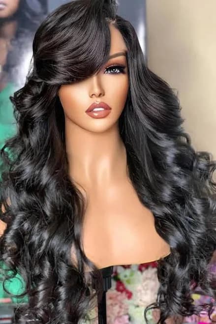 Human Hair Long Body Wavy Wig with Bangs