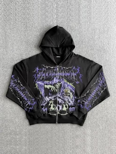 Vintage Grim Reaper Skull Graphic Print Zip up Hoodie Black purple-S