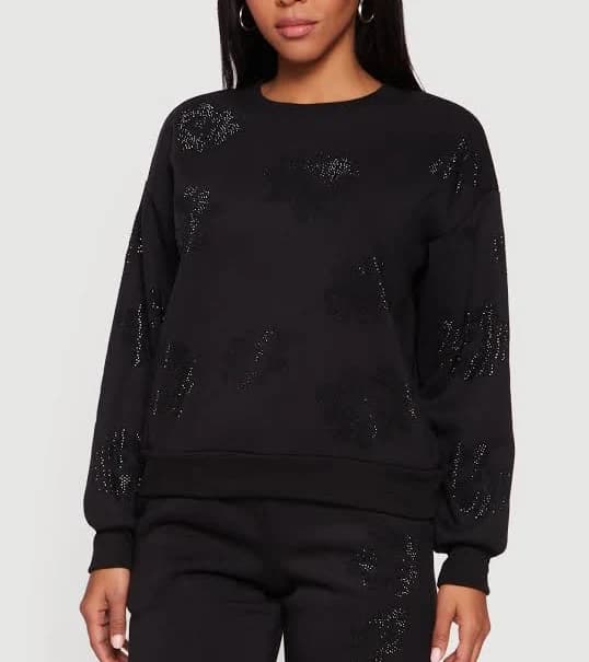 Womens Almost Famous Pullover Sweatshirt with Rhinestone Graphic