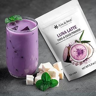 LUNA LATTE TEA TARO & COCO / TE HE DE AMAR. NET WT 5.3 oz (150g) 38 cups. Taro, Coconut, Purple Sweet Potato, Cinnamon, Vanilla. 100% natural, pure, powdered, does not contain dairy bases, does not contain sugar. Vegan, gluten free, keto, non gmo, no caff