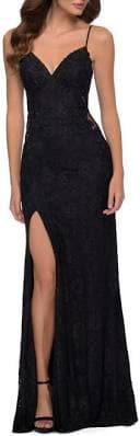 La Femme Sleek Lace Open Back Dress