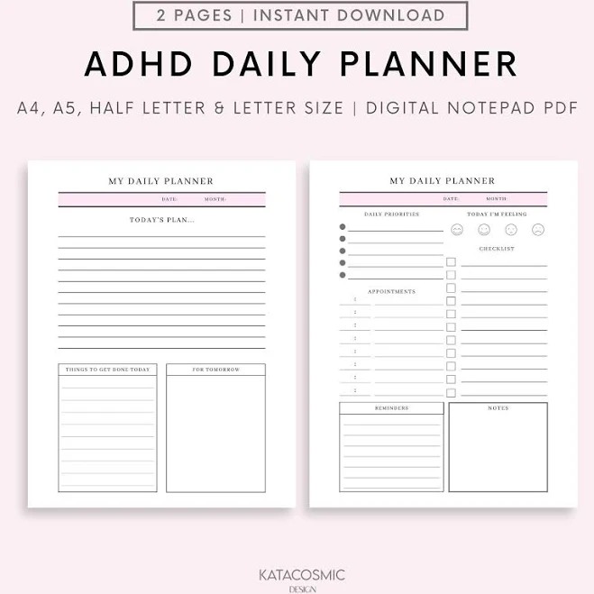 Printable ADHD Daily Planner in Various Different Sizes, Instant Download PDF Printable, ADHD Productivity Planner, To Do List Digital Print