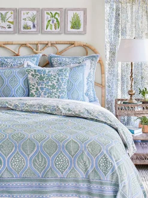 Saffron Marigold Duvet Cover Size Lightweight Summer Pale Blue & Green Bed Covering Reversible Modern Floral Leaf Pattern 100% Cotton Hand Block ...