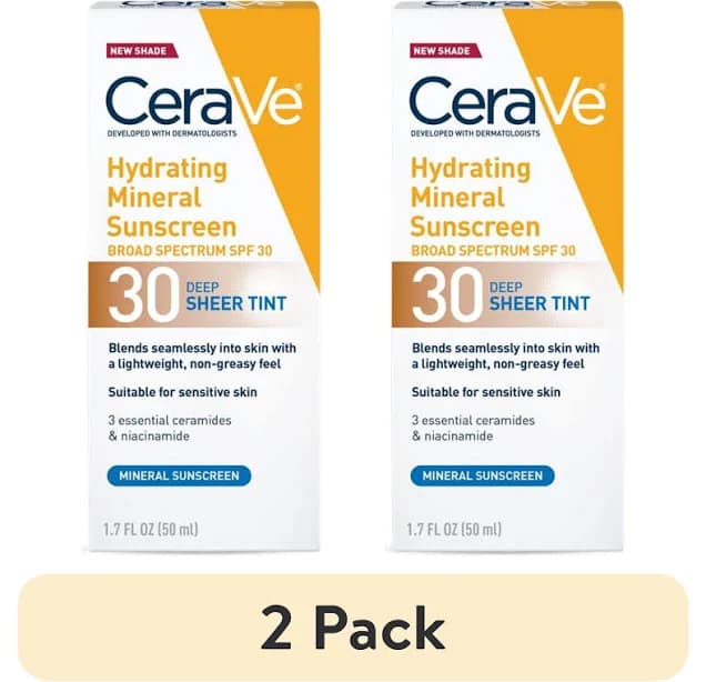(2 pack) CeraVe Tinted Hydrating Mineral Sunscreen Lotion SPF 30 for Face with Sheer Tint, Size: 1.7 fl oz