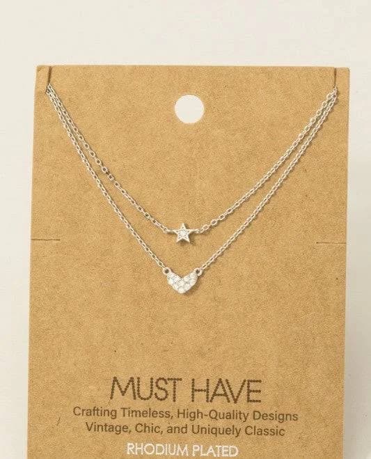 Pavé Heart + Star Silver Necklace