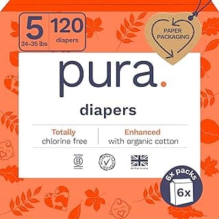 Pura Size 5 Eco-Friendly Diapers (24-35 lbs) Totally Chlorine Free (TCF), Hypoallergenic, Soft Organic Cotton, Sustainable, up to 12 Hours Leak Protection, Allergy UK, 6 Packs of 20 (120 Diapers)