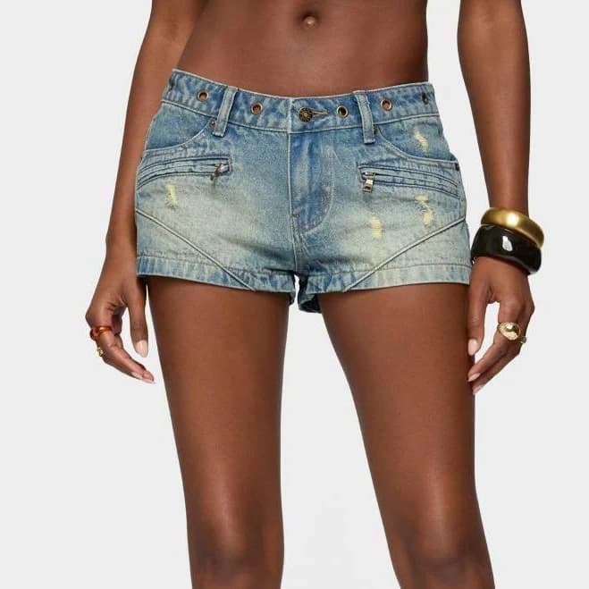 Edikted Women's Tulie Grommet Distressed Denim Shorts