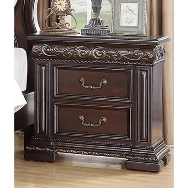 Traditional 2 Drawer Solid Wood Nightstand, Beautiful Carvings, Dark
