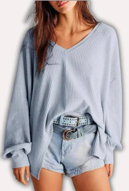 Waffle Knit Oversized V-Neck Lantern Sleeve Top