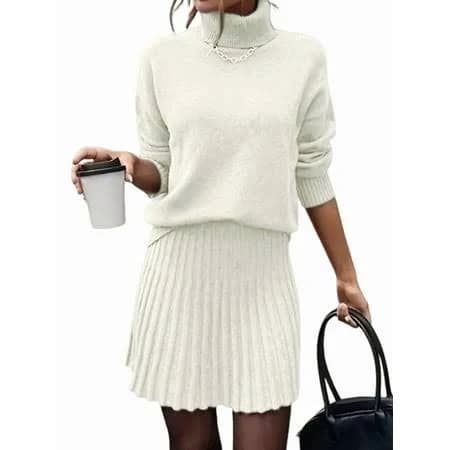 Womens Sweater Skirt Sets 2 Piece Outfits Ribbed Knit Mock Neck Sweater Pullovers A Line Mini Skirt Set Cream White XXL, Women's, Size: 2XL
