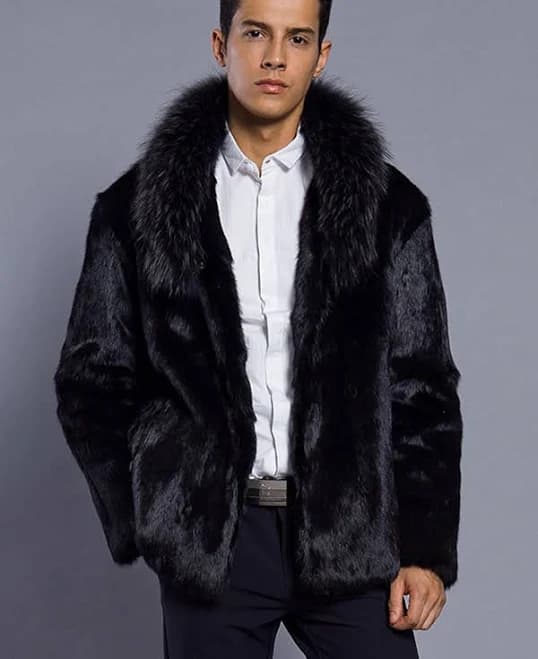 Men's Long-Sleeved Faux Fur Coat with Turn-Down Collar