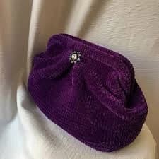 Crochet Velvet Clutch, Purple Knit Handbag with Brooch