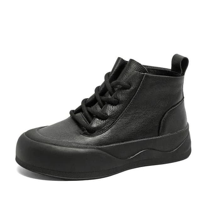 High-top Lace Up Flat Leather Sneakers for Women Rubber Cap in Yellow/Brown/Black 7.5 / Black