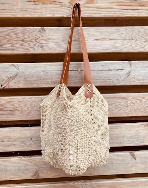 Crochet Cotton Tote Bag with Faux Leather Straps