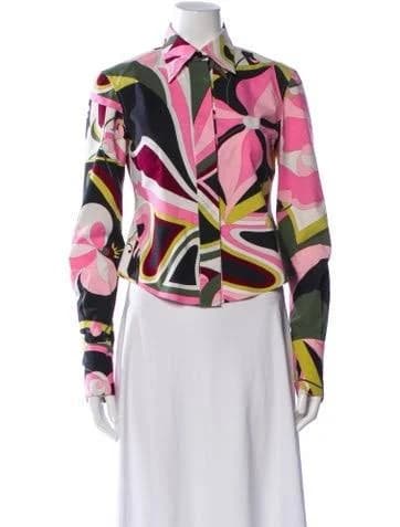 Emilio Pucci Printed Long Sleeve Button-Up Top in Pink/White, Women's M